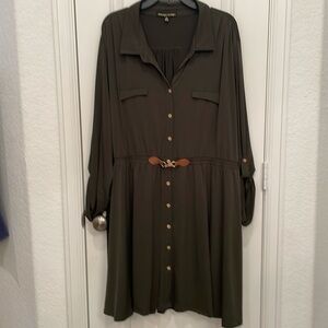 Always Indigo 3X Hunter Green Shirt Dress with beautiful gold details